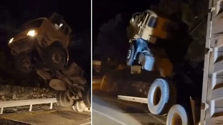 Damperi açık kamyon KGYS direğine çarparak asılı kaldı: Bir kişi yaralandı