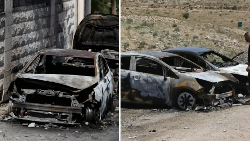 Filistin topraklarını gasbeden İsrailliler Batı Şeria’da Filistinlilerin araçlarını yaktı