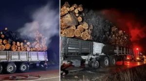 Kastamonu’da tomruk yüklü tırın dorsesinde çıkan yangın söndürüldü