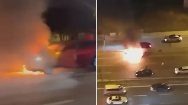 Pendik’te panik anları: Seyir halindeki otomobil alev alev yandı