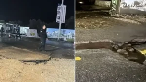 Bodrum’da ana su isale hattı patladı asfalt çöktü