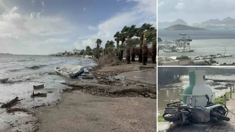 Bodrum’da selin ardından fırtına: Tekneler karaya oturdu denizin rengi değişti