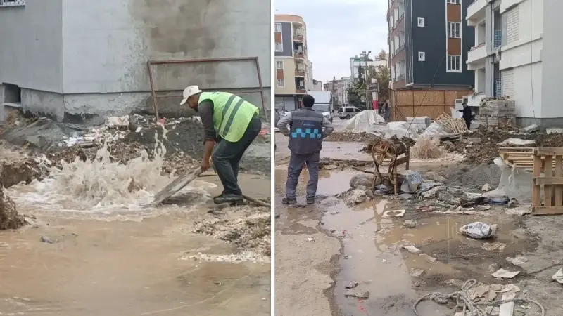 Delinen doğal gaz ve su borusu delindi: Sokaklar göle döndü ekipler yetişti