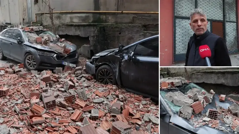 Eyüpsultan’da yıkım aşamasındaki binaya ait duvar fırtınanın etkisiyle çöktü: 2 araç zarar gördü