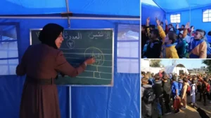 Gazze’de gönüllü öğretmenler kurdukları çadırlarda ders veriyor