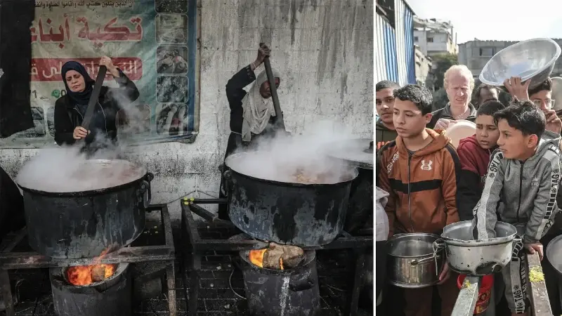 Gazze’de yerinden edilmiş Filistinlilere sıcak yemek dağıtımı yapıldı
