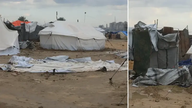 Gazze’nin orta kesiminde sağanak ve rüzgar çadırlara zarar verdi