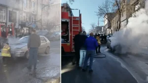 Kars’ta seyir halindeyken alev alan otomobil kullanılamaz hale geldi