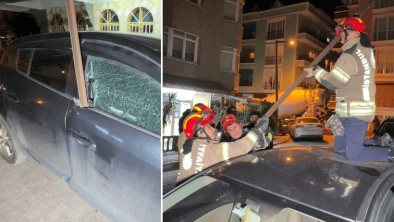Avcılar’da 5 katlı binanın çatısından düşen demir, park halindeki otomobile saplandı