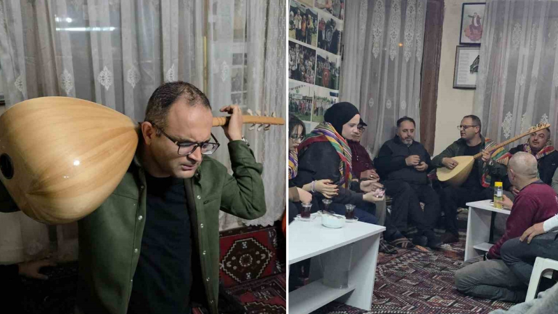 Görme engelli sanatçı sazı ensesinde çalıyor