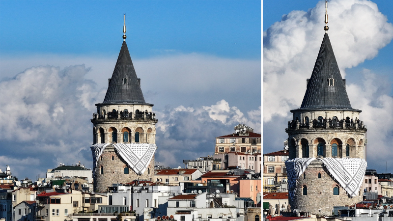 İstanbul’da Galata Kulesi’ne Filistin kefiyesi asıldı