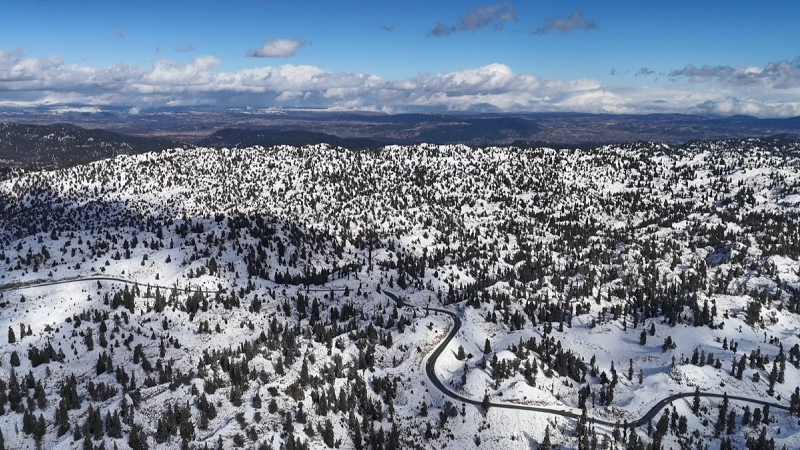 Mersin’de karla kaplanan ormanlık alandan kartpotallık görüntüler
