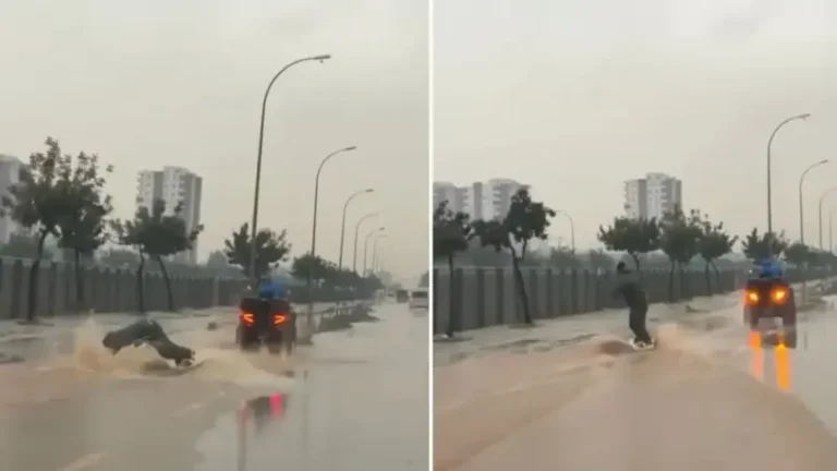 Adana’da su dolan caddede sörf yaptı