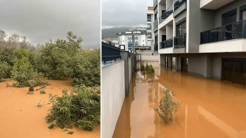 Alanya’da sağanak sebebiyle Oba Çayı taştı: Binaların bahçelerini su bastı