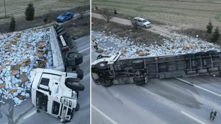 Devrilen tırdaki 25 ton süt çevreye dağıldı