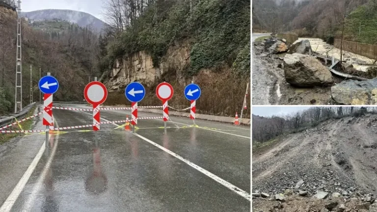 Rize’de heyelan nedeniyle kapanan köy yolunda temizlik çalışması yapıldı