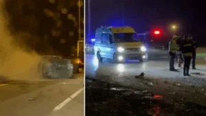 Yoldan çıkıp karşı şeride geçen otomobil ile TIR çarpıştı: İki kişi yaralandı